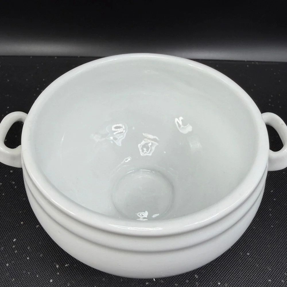 Crate & Barrel White Porcelain Footed Soup Bowls Set 2 Lion Head Style Handles